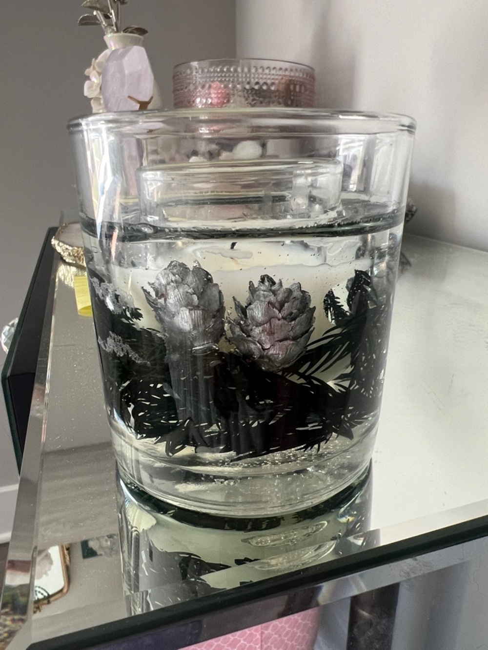 Decorative Clear Glass Gel Candle with Silver Floral Accents